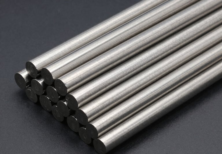 Cinematic shot of polished stainless steel rods shining under red-tinted industrial lighting.