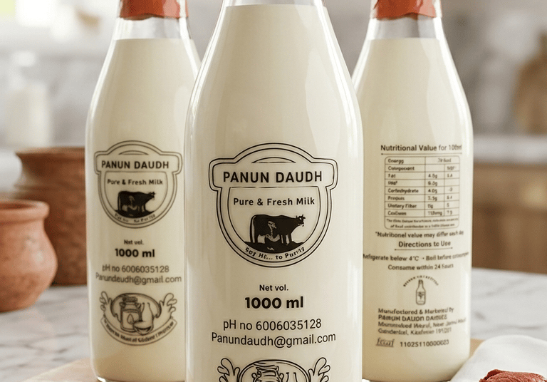 glass bottles of Panun Daudh pure and fresh milk
