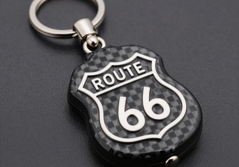 Close-up of sleek black carbon fiber keychains arranged on a rustic wooden table.