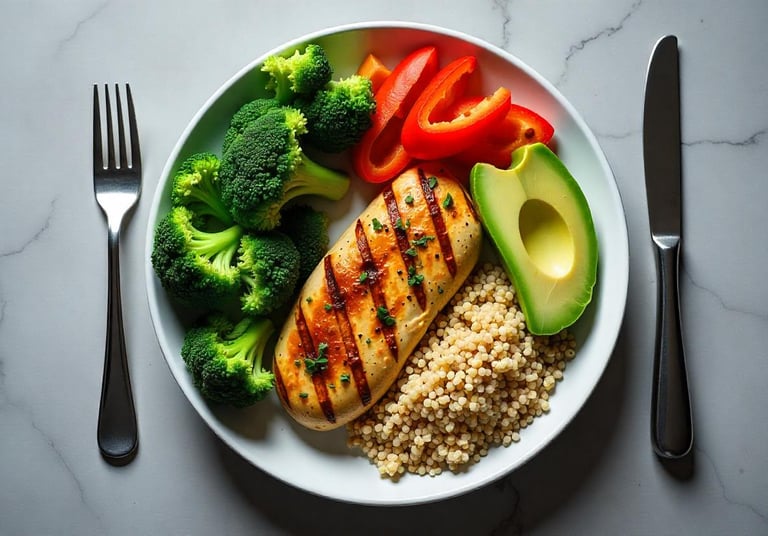 a healthy plate of food with portions of chicken, avocado, starches and vegetables