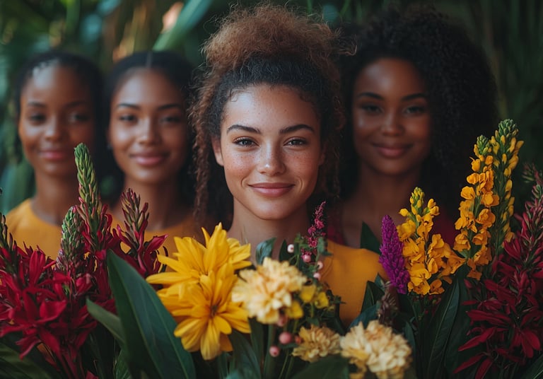 a group of women standing in front of a bunch of flowers