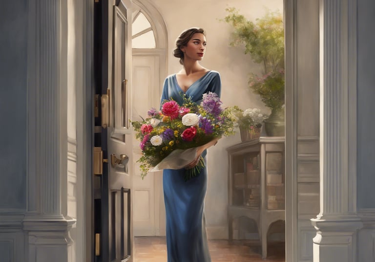 a woman in a blue dress holding a bouquet