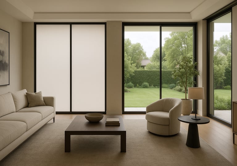 Soggiorno elegante di una villa moderna con ampie vetrate dotate di pellicola LCD Smart Film