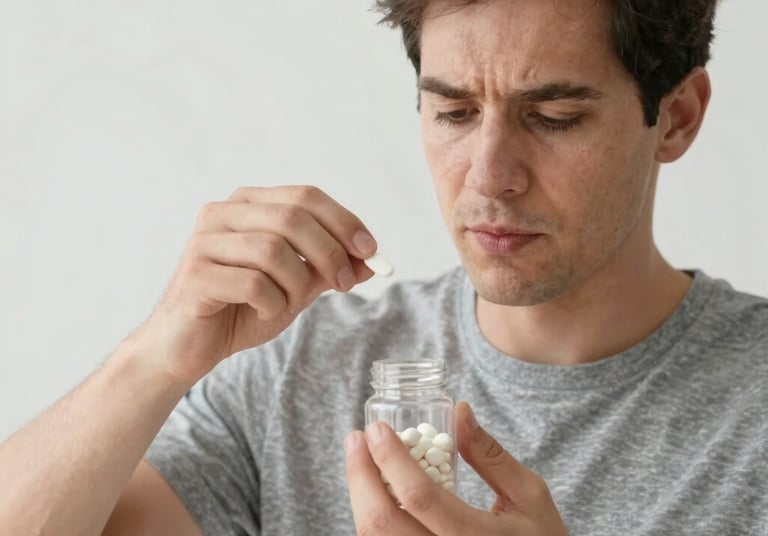 Close-up of a man thoughtfully considering fertility supplements on a kitchen counter.