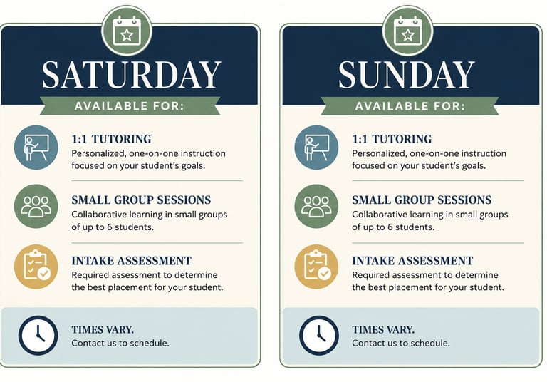 Infographic showing Saturday and Sunday weekend tutoring services including 1:1 tutoring and group sessions.