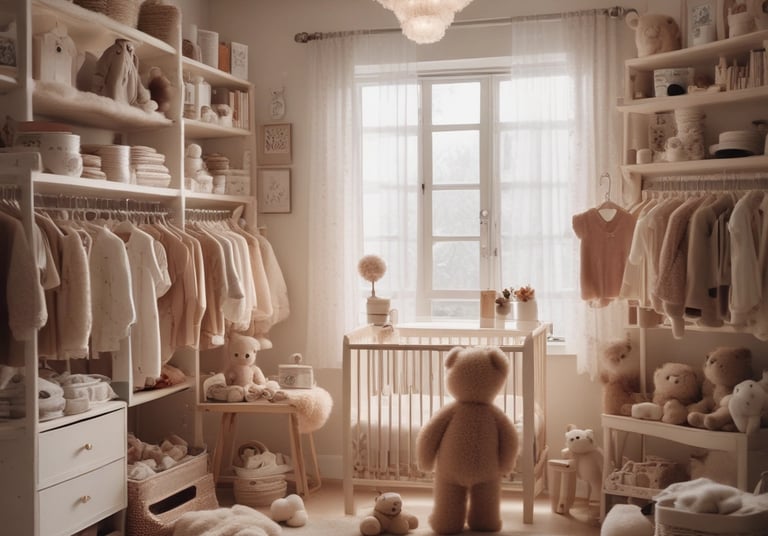 A shopping aisle filled with shelves stacked with boxes of diapers. A large box labeled 'Evenflo Omni Plus' is prominently placed in a shopping cart. Other diaper brands such as Pampers are visible on the shelves. The setting appears to be a supermarket or a retail store with fluorescent lighting.