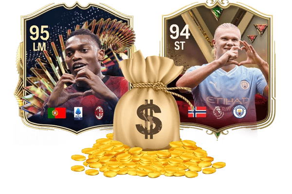 carte di leao e haaland su ea sports fc e una sacca piena di soldi