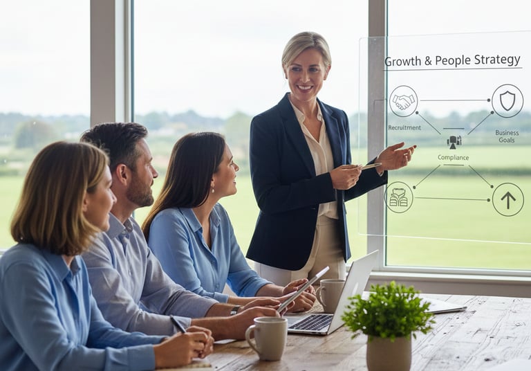 HR consultant presenting a fractional people strategy and recruitment plan to a small business team in a modern office.
