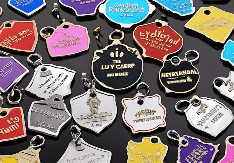 Custom engraved pet identification tags available in multiple styles and colors.