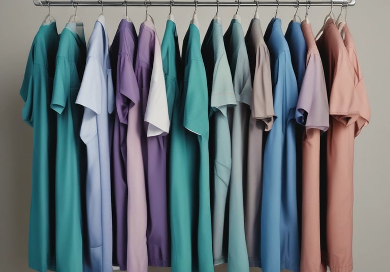 A collection of colorful scrubs displayed on hangers.