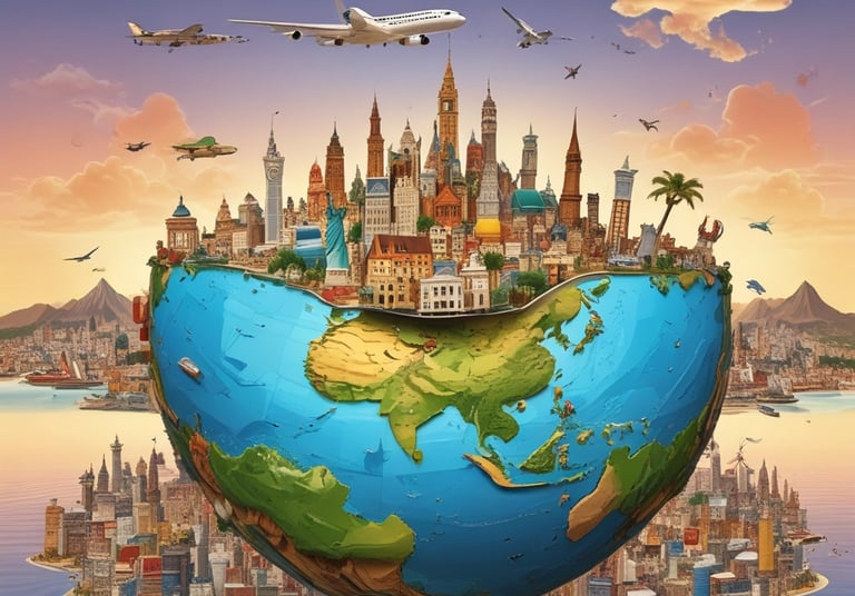 An arrangement of travel-related items including a Sony camera, an open passport with numerous stamps, flight tickets, and a pair of eyeglasses on a wooden surface.