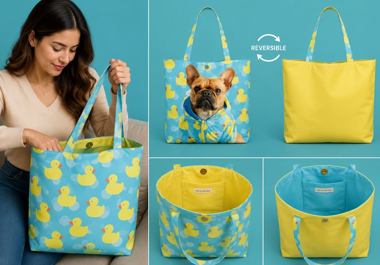 olso tote reversible con estampado de patitos de goma azules y bolso de mano de tela amarilla lisa c