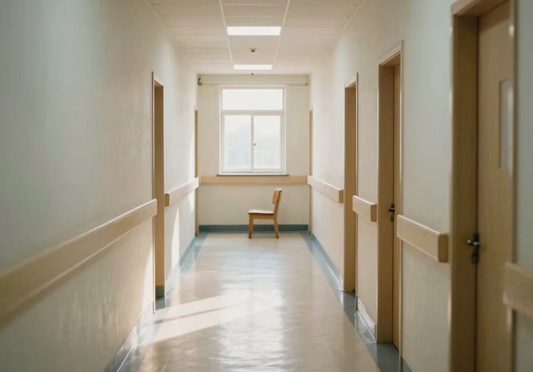 Wide environmental shot looking down a quiet clinical hallway, institutional overhead lighting casting even shadows on pale walls, a single wooden chair visible at the far end, no people present, natural light entering from a window at the corridor's end