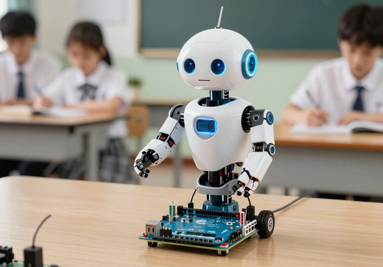Teacher explaining a science experiment to attentive students in a bright classroom.