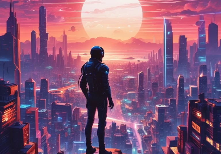 A futuristic cityscape representing science fiction themes