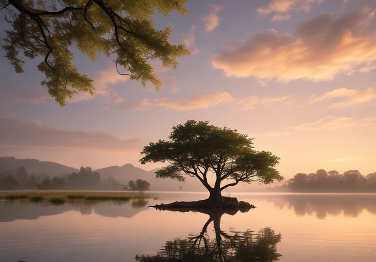 A serene sunrise over a quiet mountain, symbolizing new beginnings and spiritual awakening.