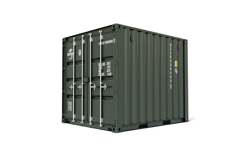 A 10ft dark green steel shipping container for secure cargo storage and transport.