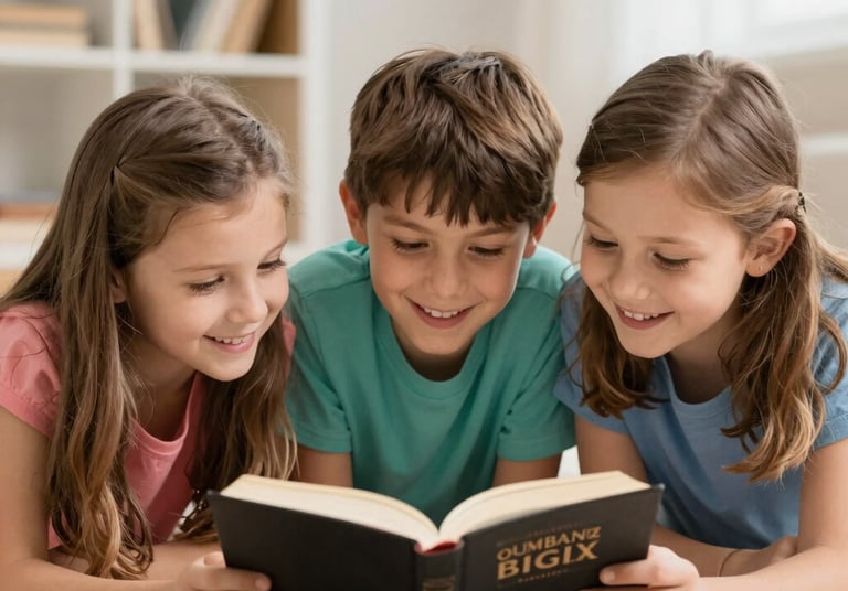Colorful illustration of children happily engaging with biblical activity books