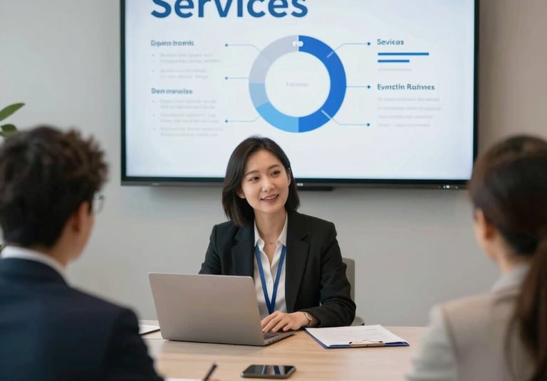A team collaborating around a conference table with network diagrams on a screen.