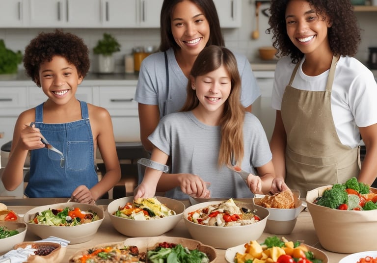 A colorful spread of freshly prepared family meals on a rustic wooden table.