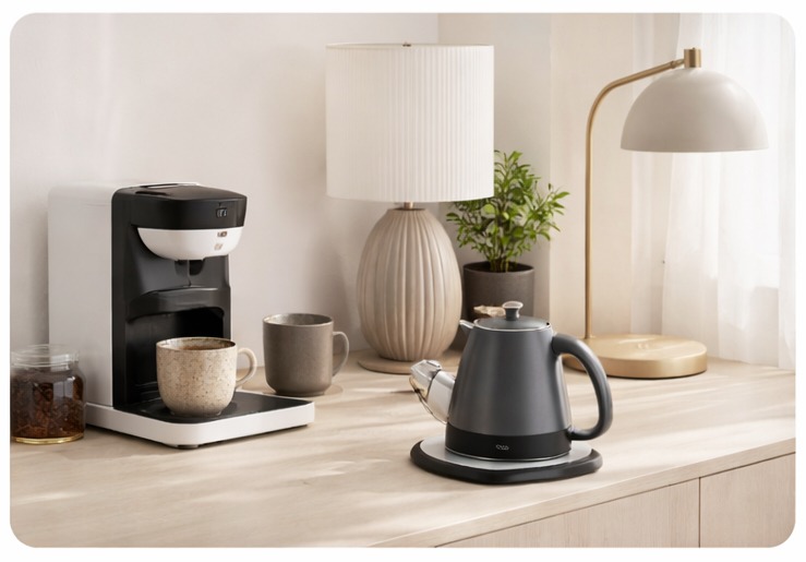 Modern coffee maker and electric tea kettle on a wooden kitchen counter with stylish home decor.