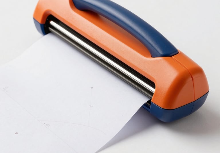 Bright orange and light blue stationery items scattered playfully on a white background