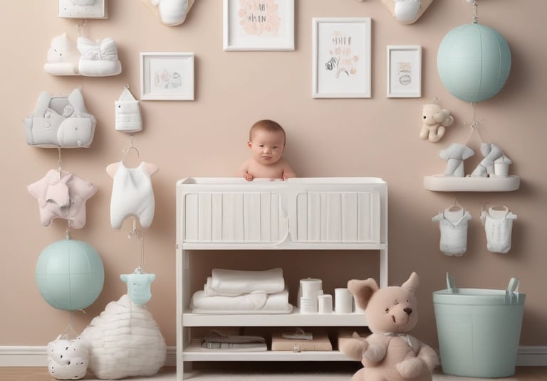 A smiling baby playing with colorful toys in a bright nursery.