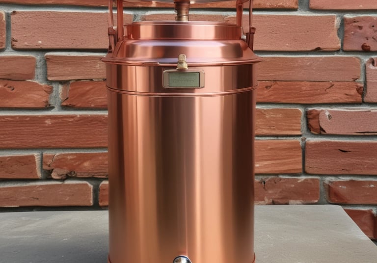 Artisan-crafted copper water filter with intricate detailing, placed beside fresh glass of water.