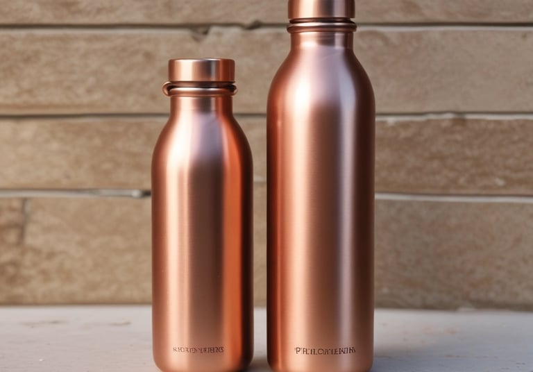 Close-up photo of a polished copper water bottle reflecting warm light on a wooden table.