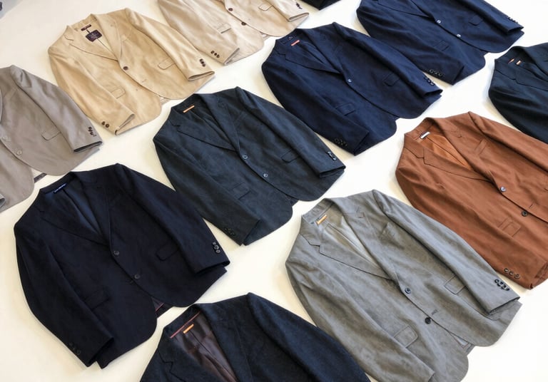 A finely tailored navy blue blazer displayed on a wooden hanger against a soft cream background.