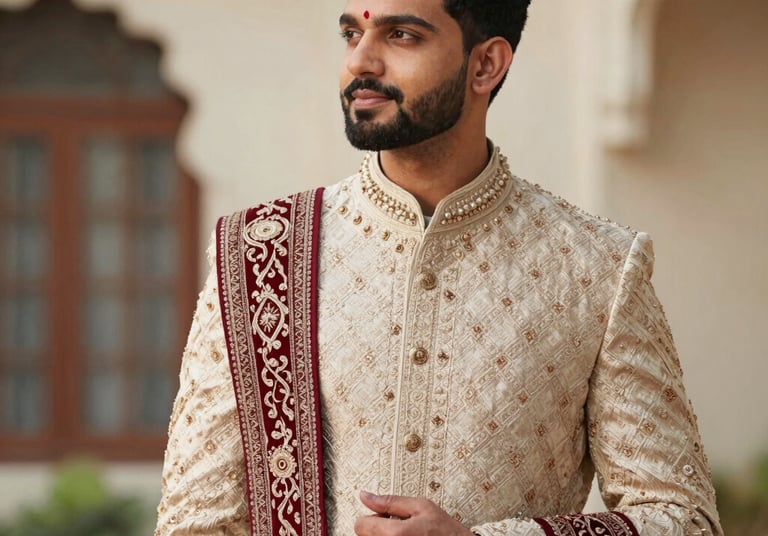 Close-up of an embroidered sherwani with intricate gold threadwork on rich fabric.