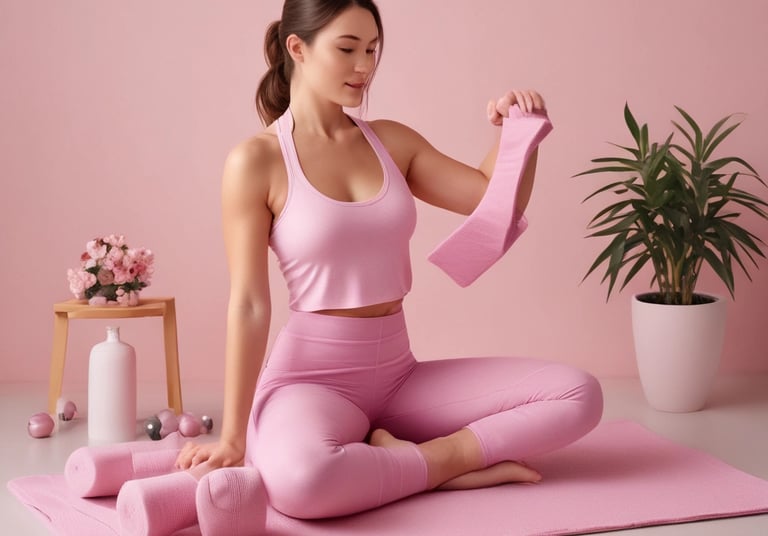 A trendy flat lay of colorful budget-friendly workout sets arranged neatly on a light wooden surface with vibrant accessories.