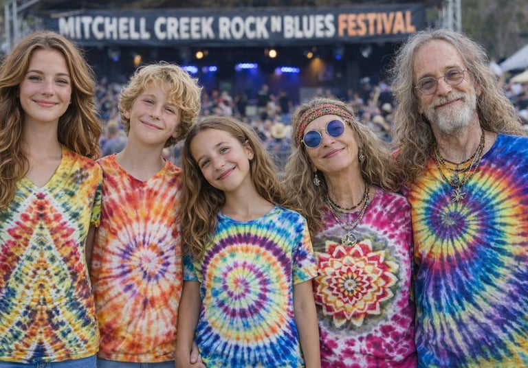 Group wearing colourful spiral and mandala tie-dye at a festival