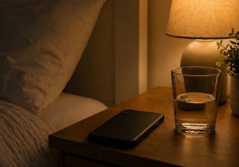 A smartphone and a glass of water on a wooden nightstand next to a glowing bedside lamp.