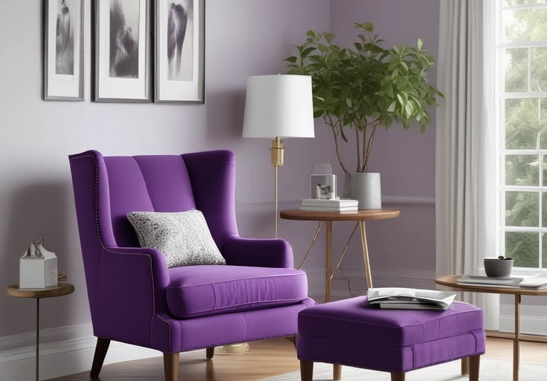 A bright yellow armchair with buttons on the backrest is positioned next to a tall, gray adjustable floor lamp. A modern silver laptop is open and placed on the seat of the chair. The room features wooden flooring and a plain, light-colored wall.