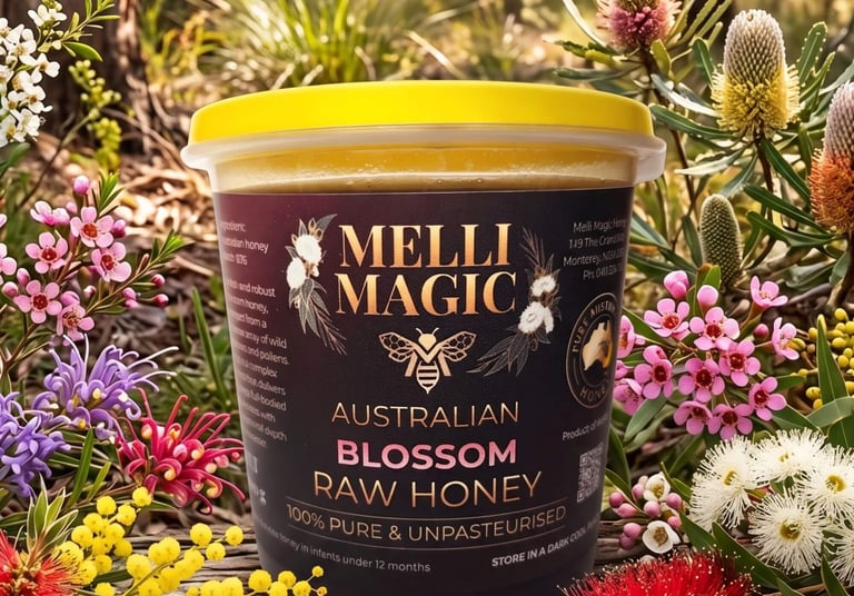 A tub of Melli Magic Australian Blossom Raw Honey surrounded by vibrant native wildflowers in a sunny forest.