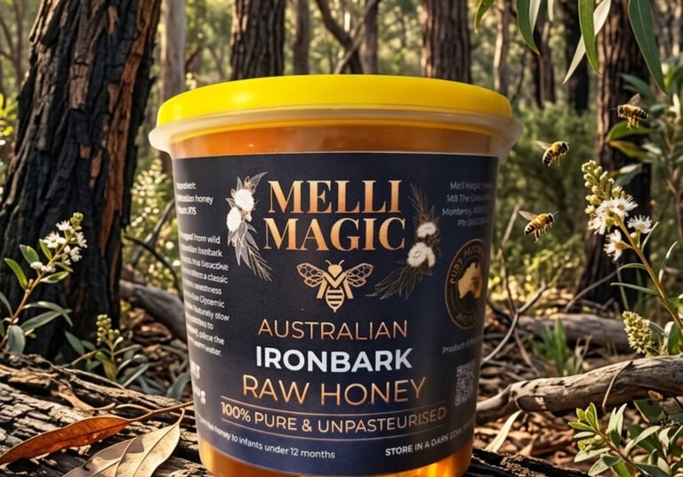 Melli Magic Australian Ironbark Raw Honey in a jar on a log in a eucalyptus forest with bees.