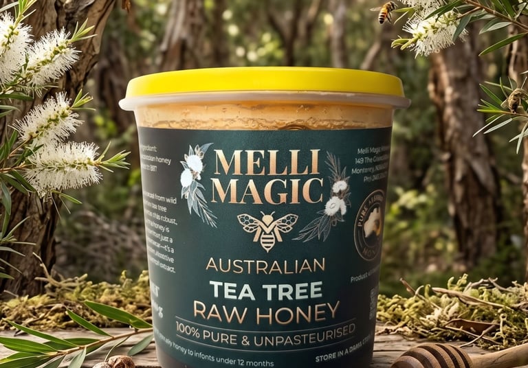 Melli Magic Australian Tea Tree Raw Honey jar on a rustic wood table in a flowering tea tree forest.