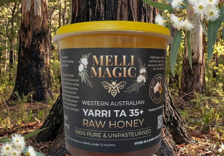 Yarri Blackbutt honey TA35+ jar in a forest backgroud