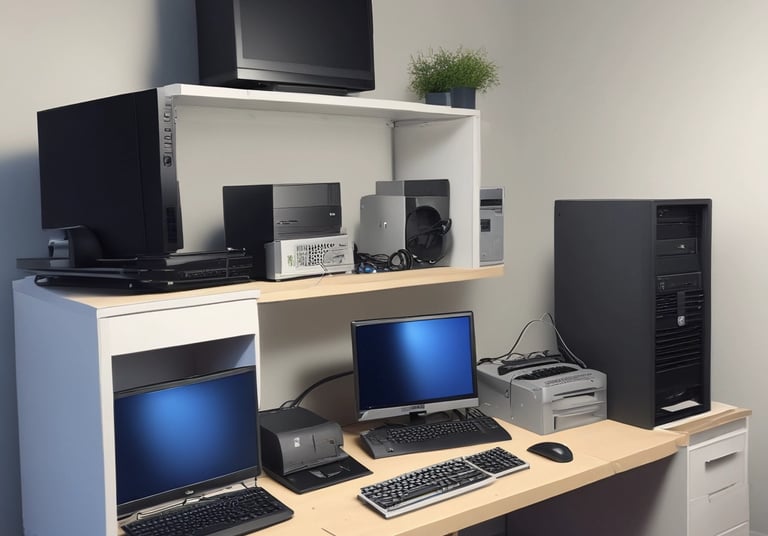 A modern electronics store features a sleek white computer with a large monitor, keyboard, and mouse positioned on a wooden table. The background showcases a wall display of various electronic accessories in white packaging, arranged neatly in rows. The room is illuminated by bright circular ceiling lights, giving a clean and modern ambiance.