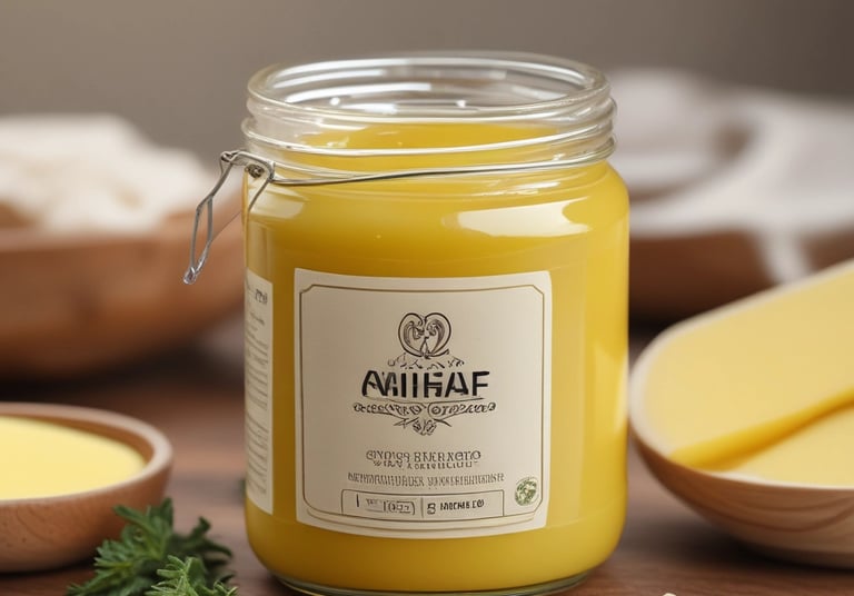A jar of saffron cream with a bright yellow color is placed on a brown textured surface. The lid is off to the side and displays the label 'maya, Saffron Cream, 100% Natural, Net Wt. 50 gms.' A small green leaf is nearby, adding a natural element. The background features a stone wall with a rough texture.
