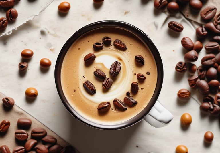 Two plastic cups filled with iced beverages sit on a light-colored surface, surrounded by scattered coffee beans. A wooden bowl filled with coffee beans along with a small scoop is nearby. The background features a wooden basket filled with pinecones and a beige textured cloth, set against a wooden slatted wall. Stalks of wheat are placed in the foreground, adding a rustic touch.