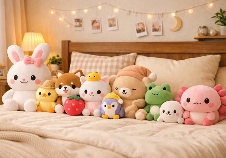 kawaii plush toys and cute accessories displayed together in soft aesthetic style