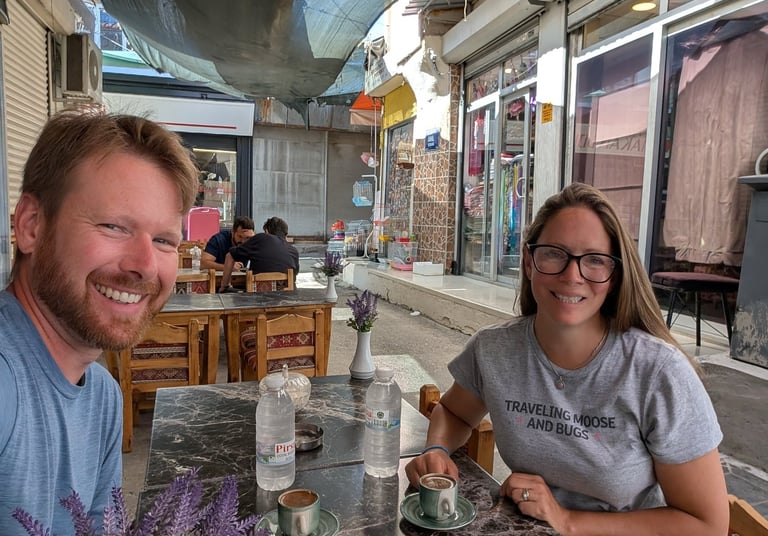 Don and Samantha drinking espresso in an ally in Izmir, Turkey Turkey 