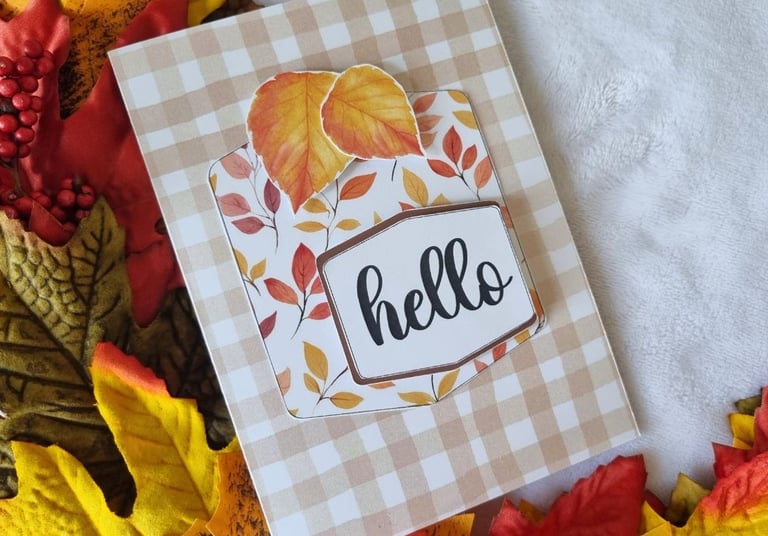 fall handmade greeting card with leaves and sentiment "Hello"