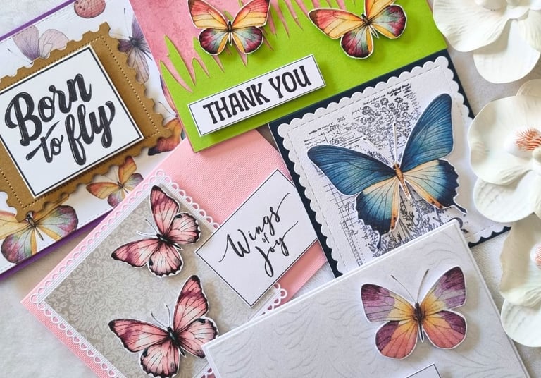 Handmade greeting cards with butterflies. Crafty vibes. Cheerful.