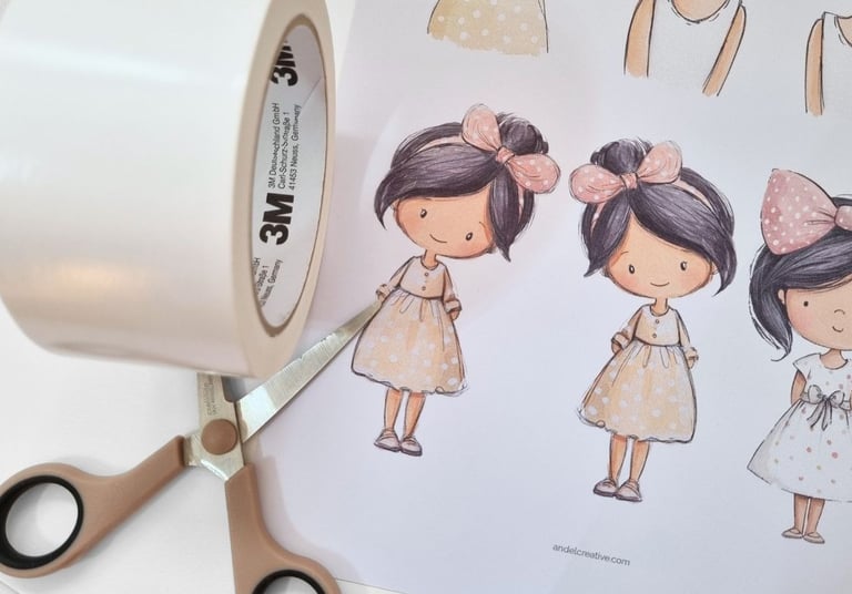Printed sheet with cute girl illustrations and scissors on it