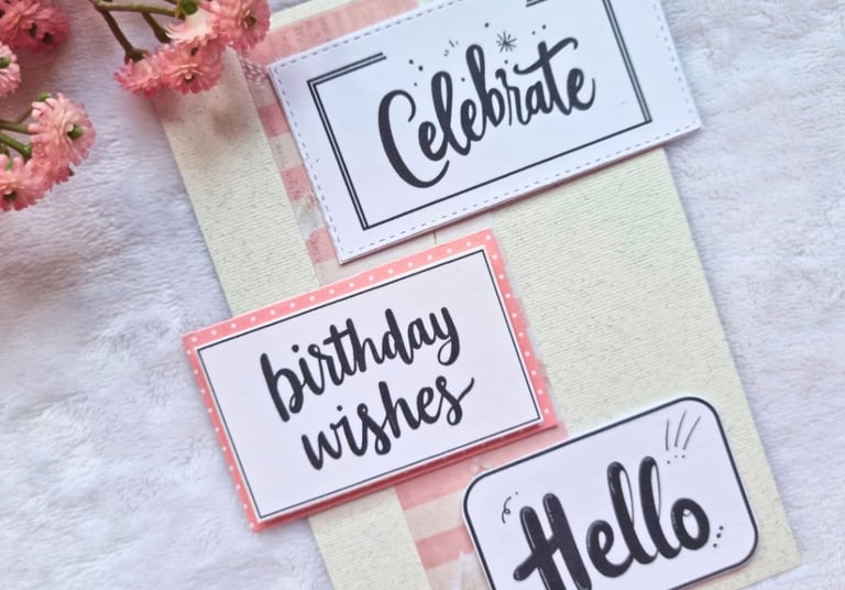 "Celebrate, " Birthday wishes" and "Hello" sentiments on a simple blank card.