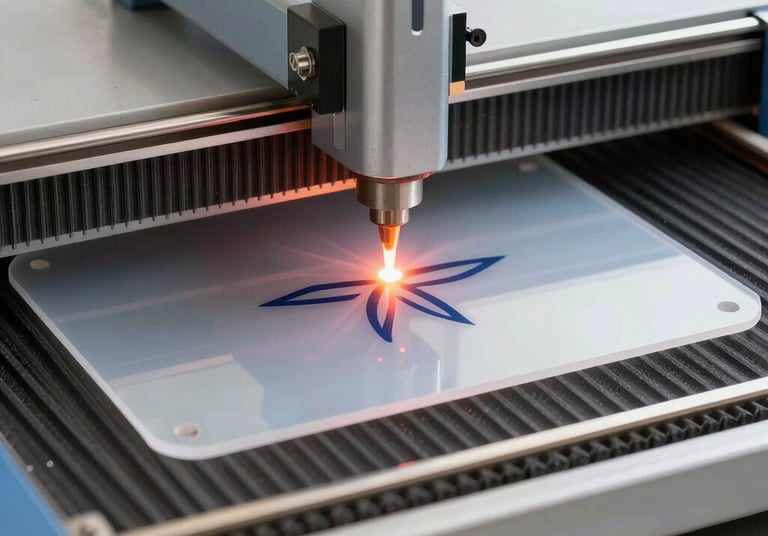 Custom engraved clear acrylic glass plaque award on a wooden desk with a window background.