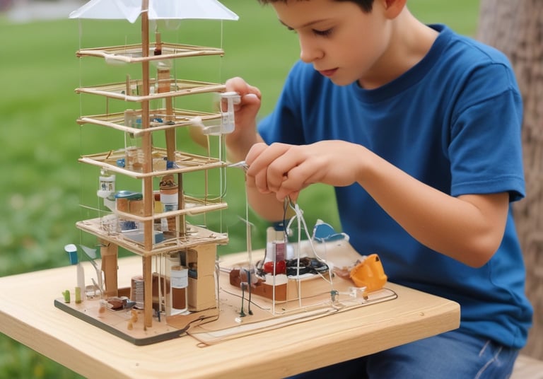 A young child wearing a white lab coat and safety goggles is standing in front of a table, appearing to conduct a science experiment. A metal container emits a misty vapor, creating a sense of activity and curiosity. The background features a neutral wall with blurred elements, such as orange stools and a tripod stand.